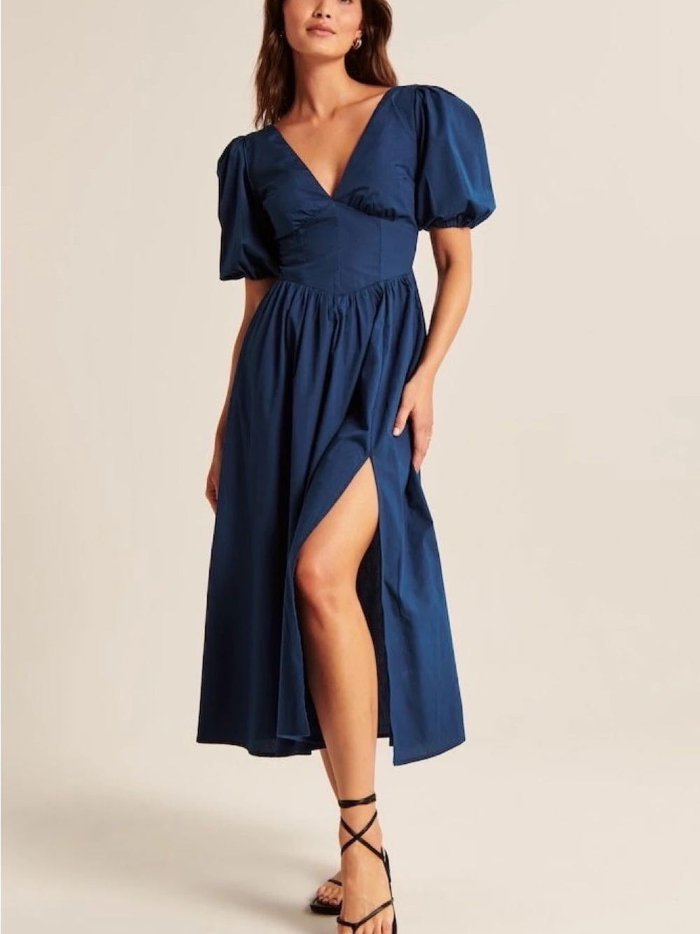 ABERCROMBIE & FITCH Navy Blue Puff-Sleeve Corset V-Neck Midi Dress Size XXS